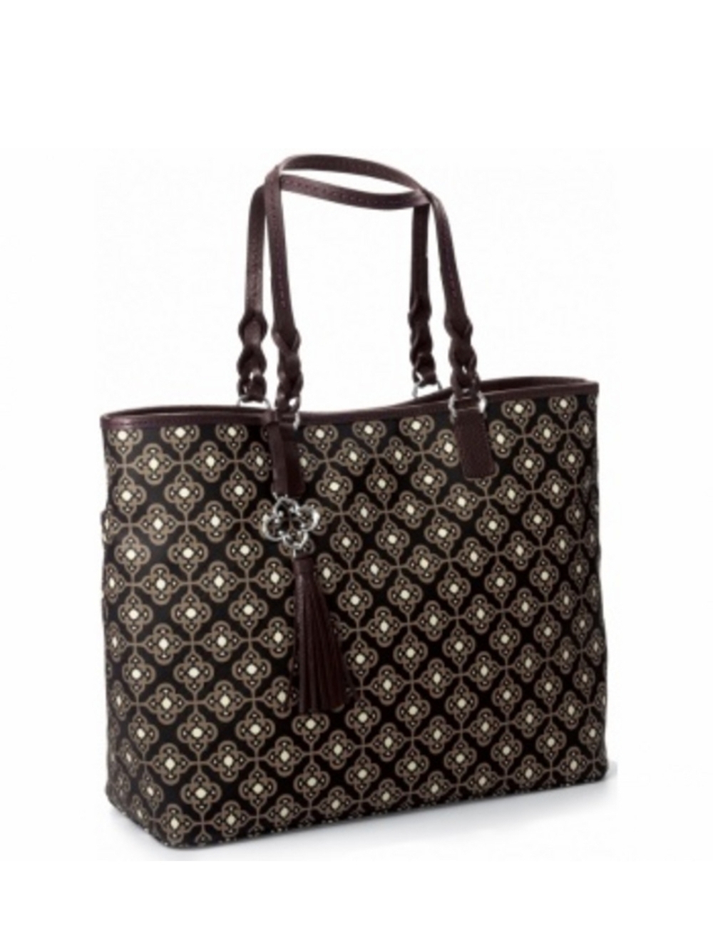 🌾Brighton Brown and Cream Monogram Big Tote with Tassel Charm